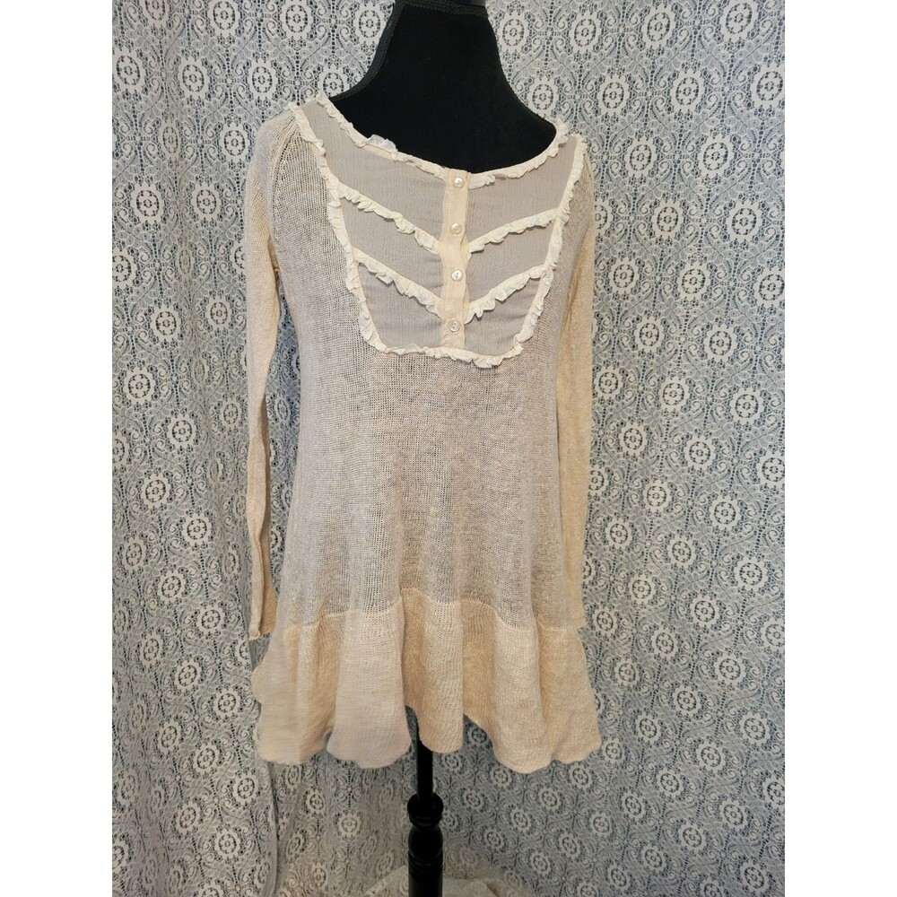 Free People Candy Yoke Linen Peplum Tunic Sweater Cream Boho Cottagecore S